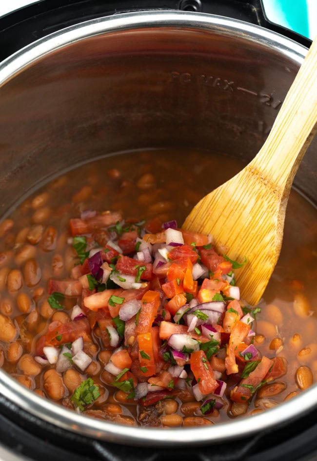 Instant pot beans with pico de gallo added for serving.