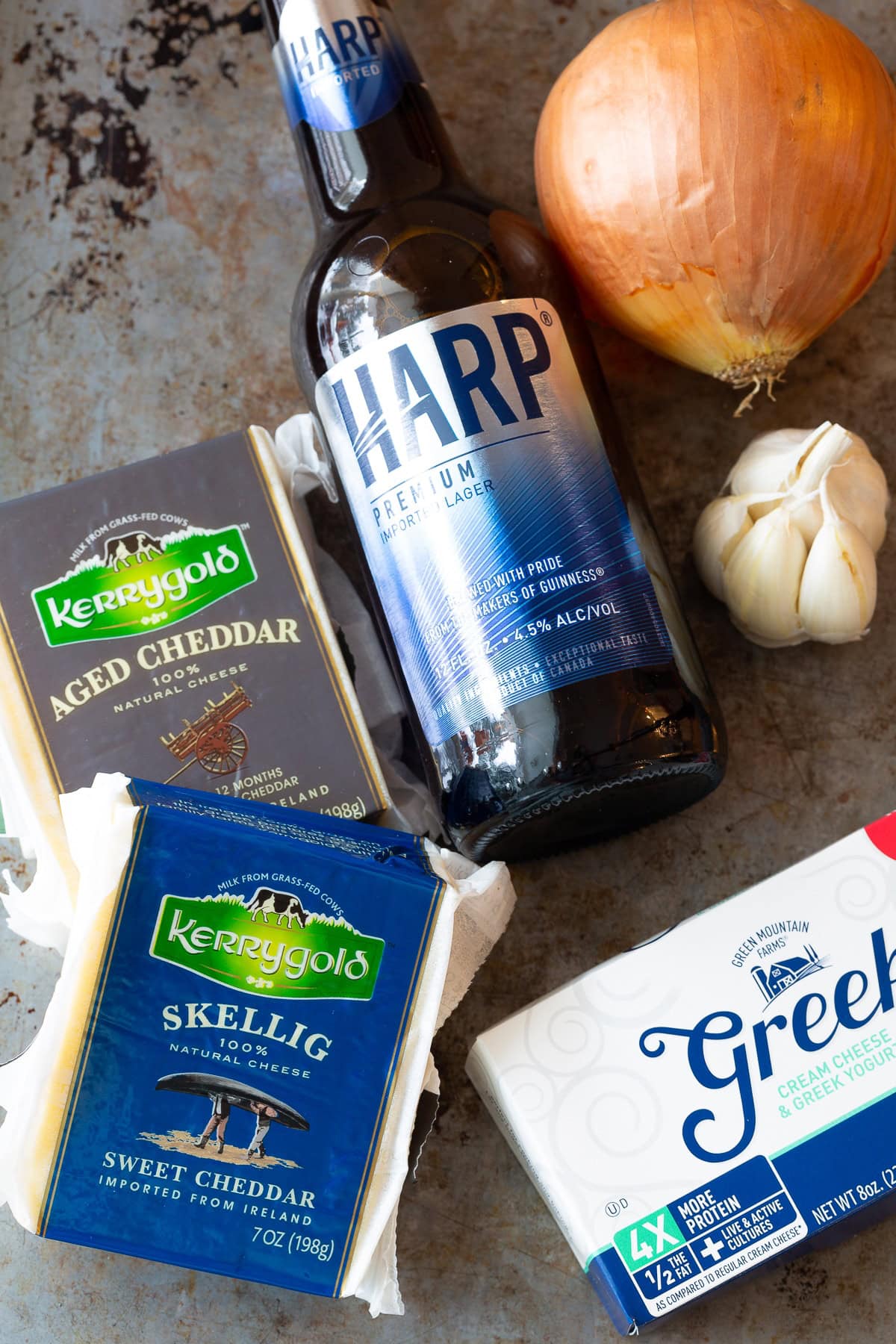 Ingredients needed to make beer cheese soup.