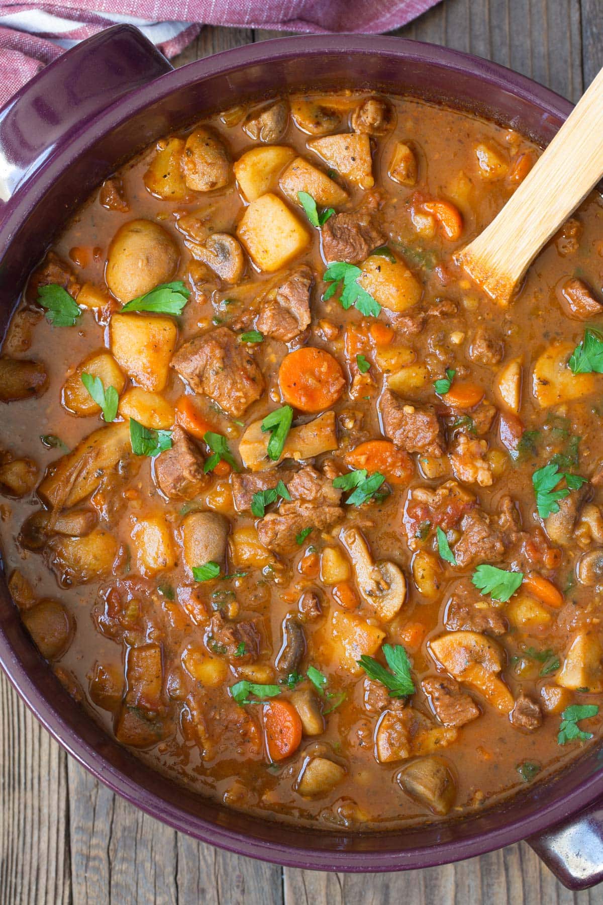 Stew Recipe #ASpicyPerspective #BeefStew #BeefStewRecipe #Stew #StewRecipe #Beef #Crockpot #InstantPot #Stovetop #BeefStewCrockpot #SlowCookerBeefStew #BestBeefStew #HowtoMakeBeefStew Overhead shot of beef stew in a large stock pot.