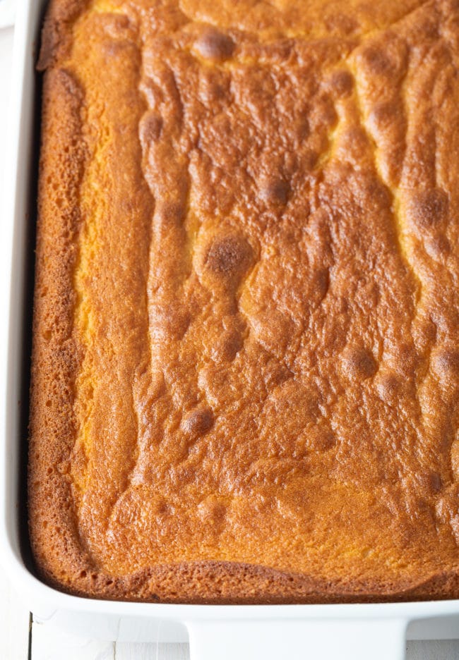 Sheet cake after being baked but before being frosted.