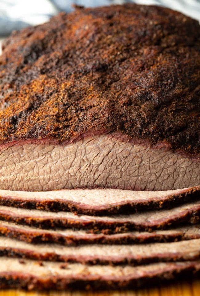 up close slices of Texas smoked beef brisket.