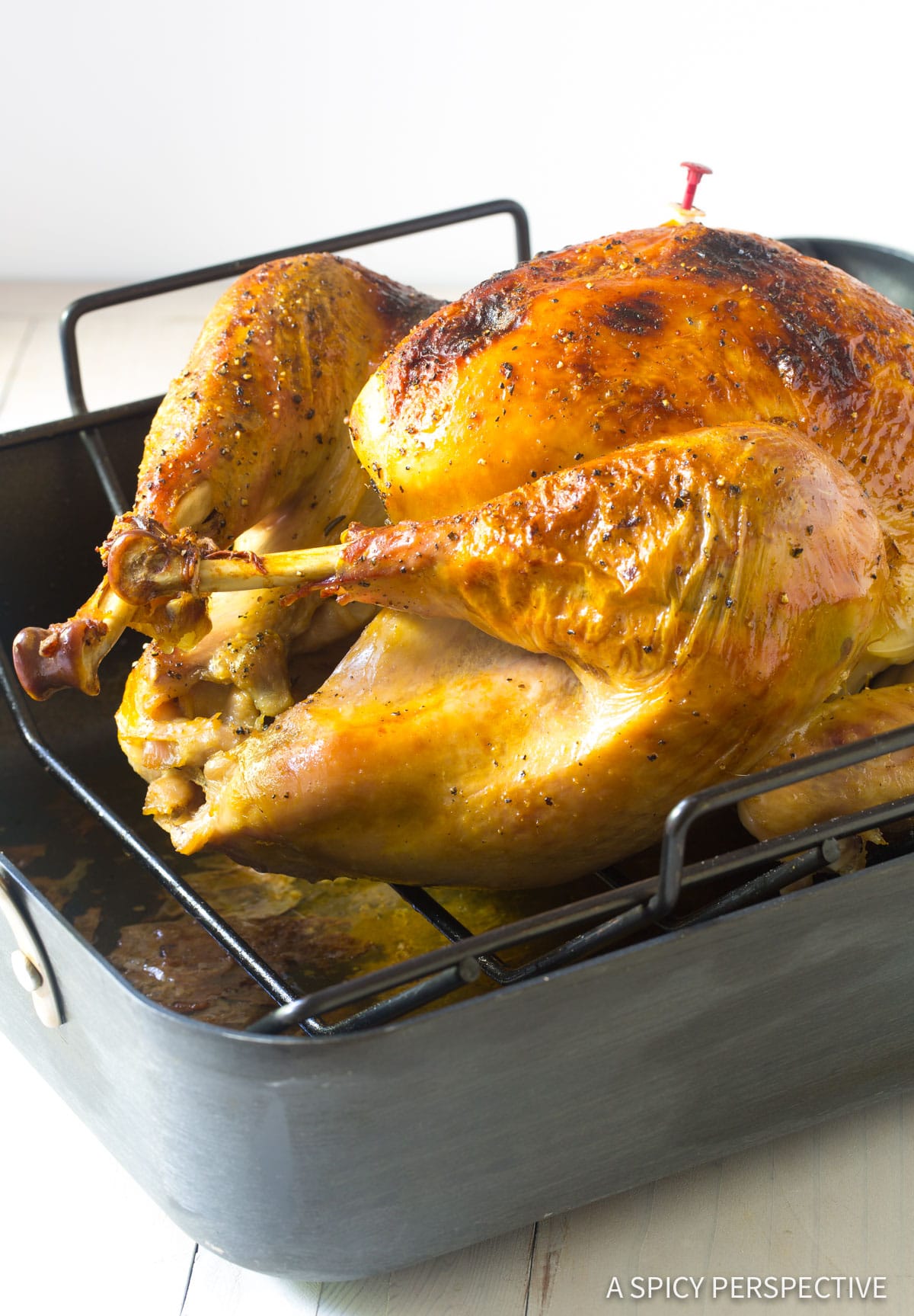 oven-smoked Shot of oven baked turkey in a roasting pan.