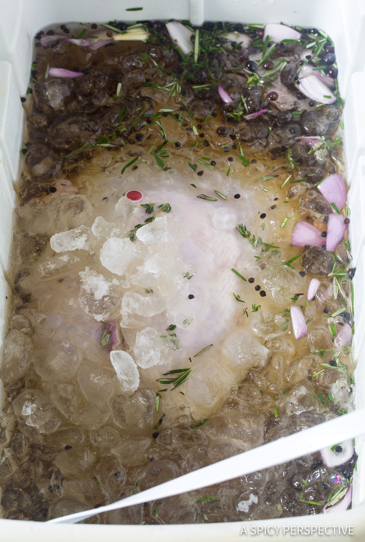 ice-soak Turkey Brine Recipe - Simple Ice and flavor bath for the turkey in a cooler.
(How Long To Brine A Turkey)
