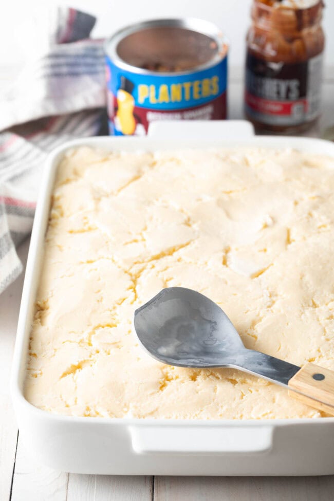 Ice cream layer on the ice cream cake in a baking dish.