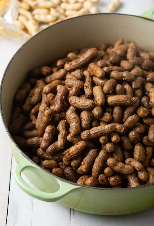 Boiled peanuts in a dutch oven pot.