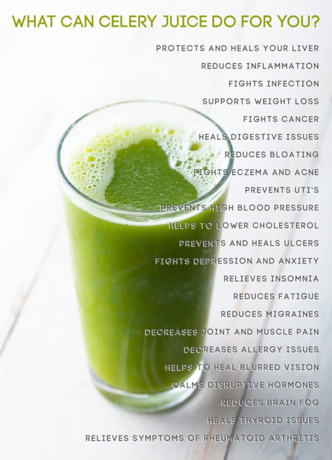 Glass of celery juice recipe with text on the image about the benefits of drinking celery juice.