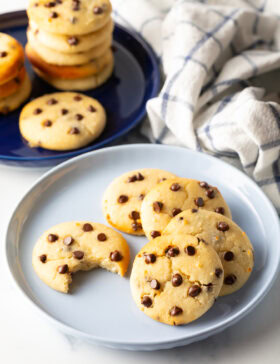 Light blue plate with 6 cookies. One chocolate chip cookie has a bite taken out.