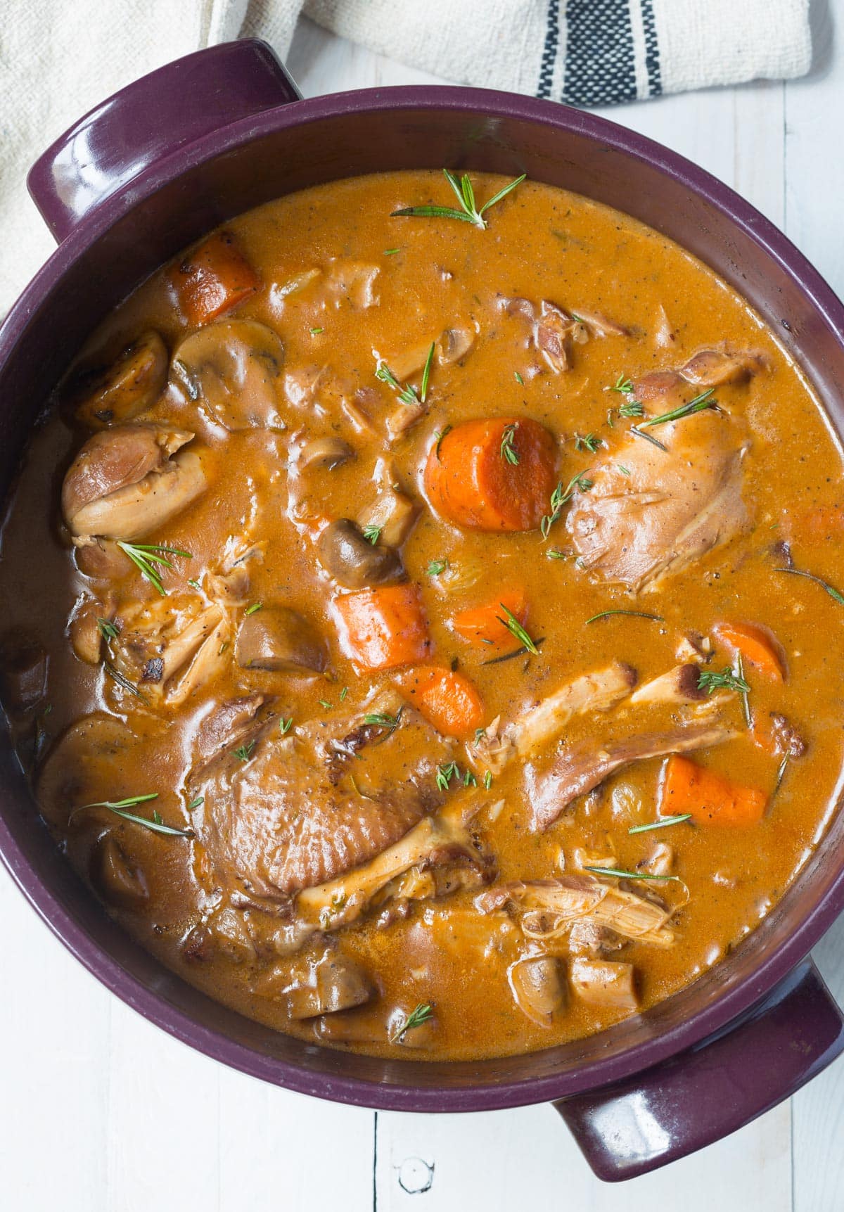 Best Creamy Chicken Coq au Vin Recipe - overhead shot in pot