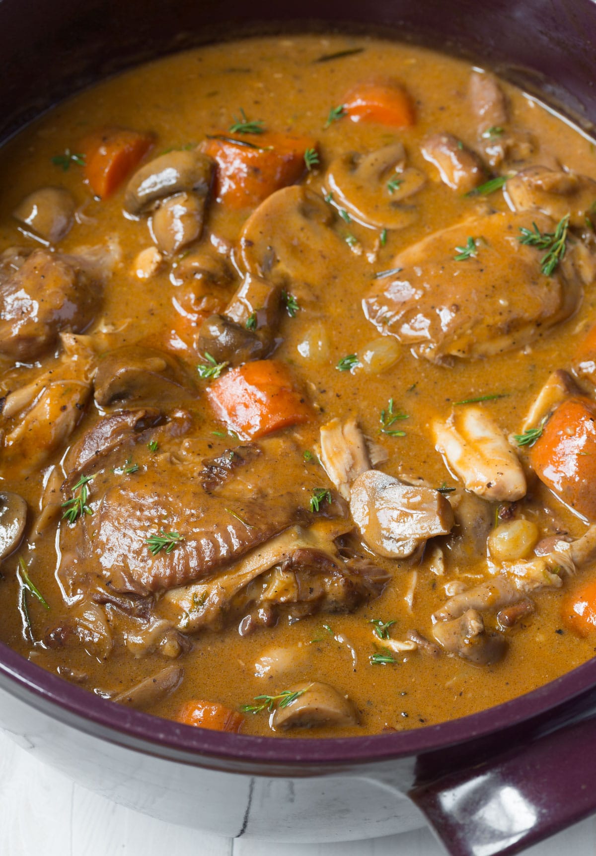 Chicken and wine stew in mushroom sauce pot