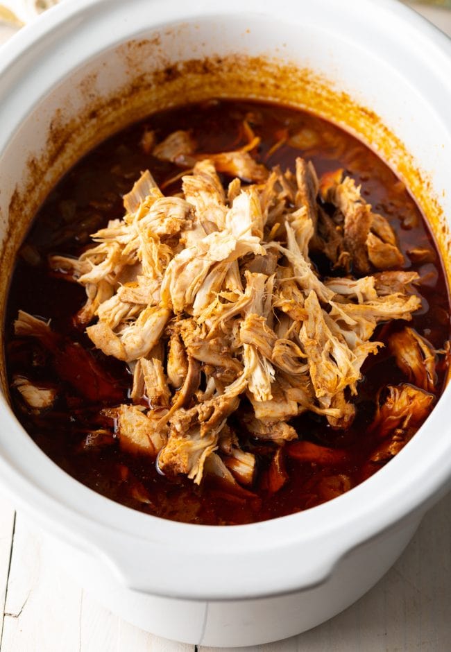 Shredded Chicken Stew in a crockpot.