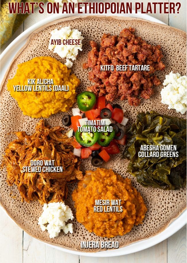 Authentic Ethiopian platter with different Ethiopian recipes.