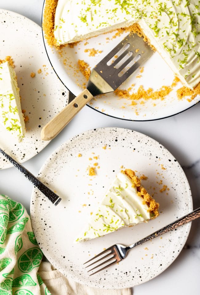 Overhead view slices of ice box lime pie.