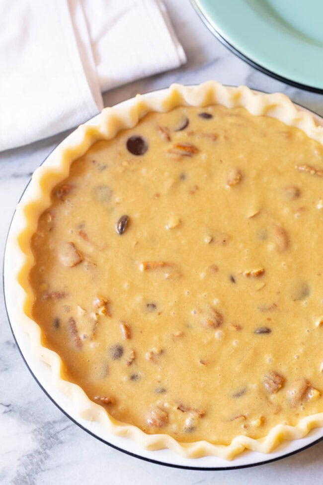 pie filling Chocolate pecan pie filling unbaked.