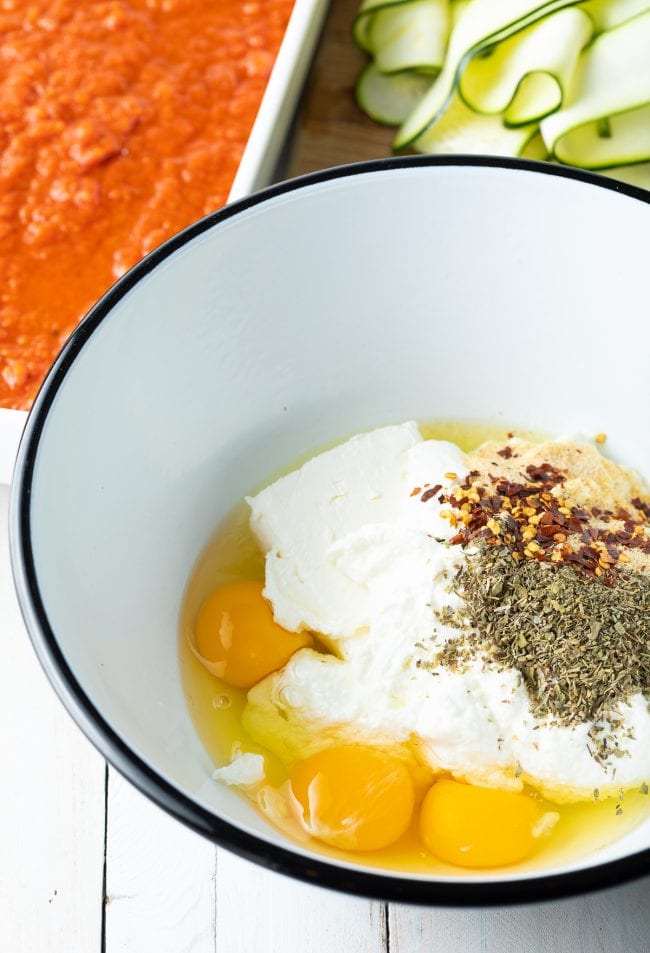 Keto Lasagna filling in a mixing bowl.