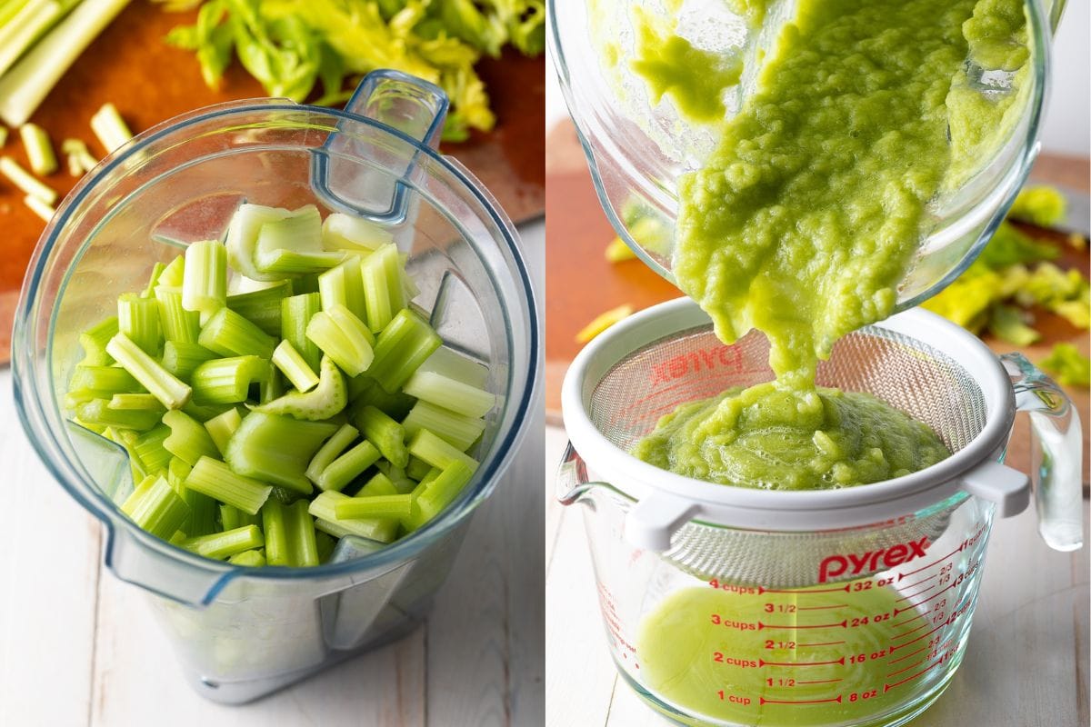 Making juicer in a blender and straining the juice.