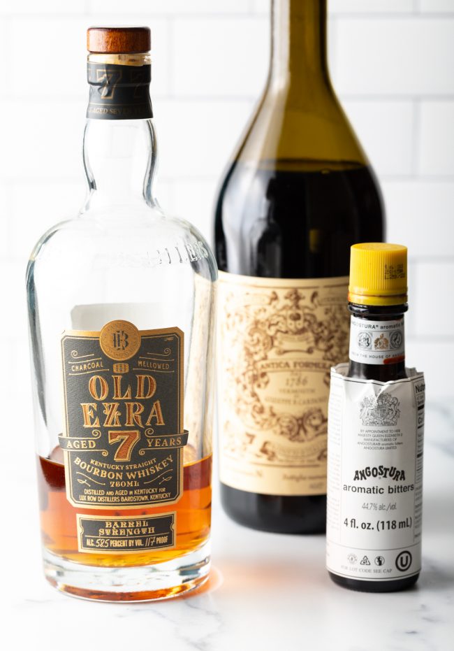 Ingredients needed for a manhattan cocktail.