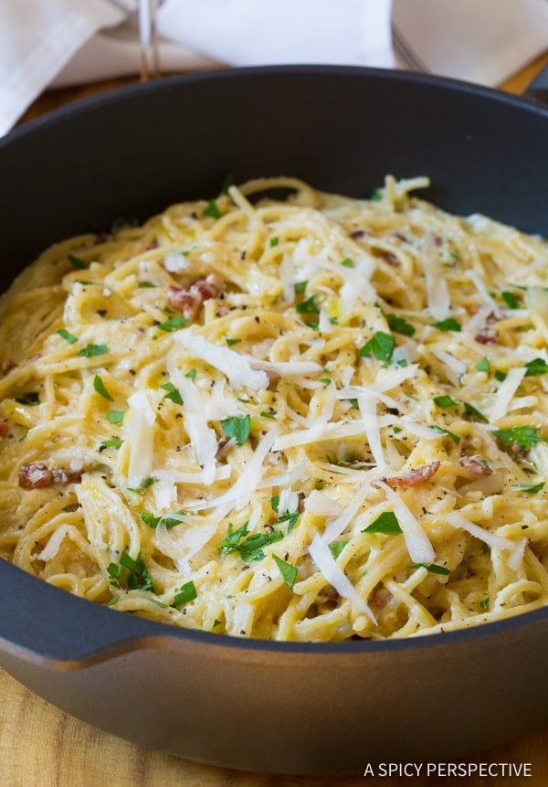 Spaghetti carbonara in a large skillet.