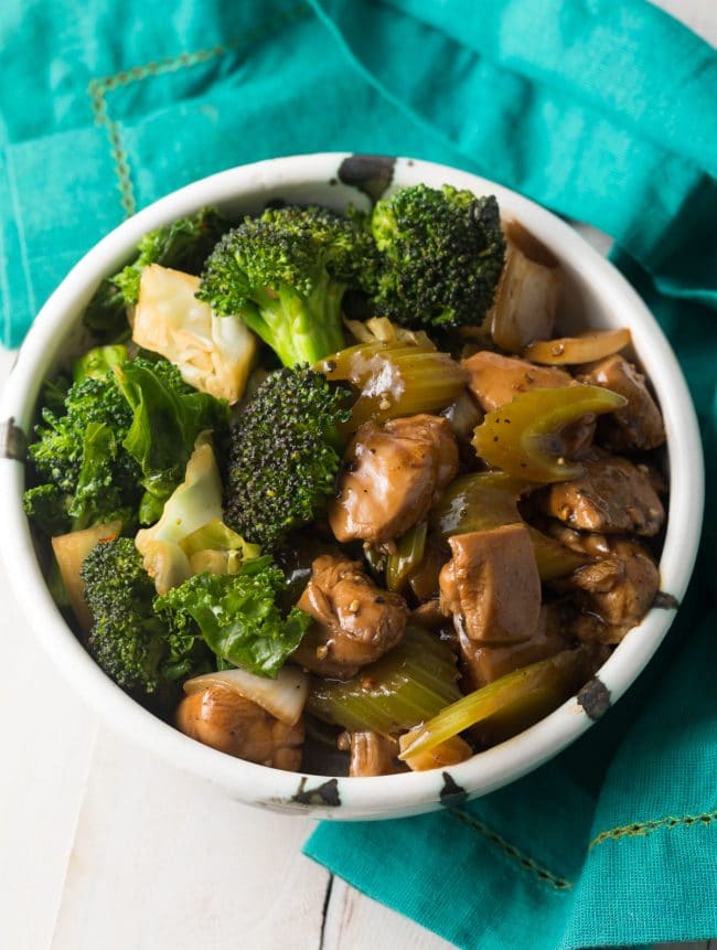 Super Greens Panda Express overhead shot in bowl with chicken on the side.