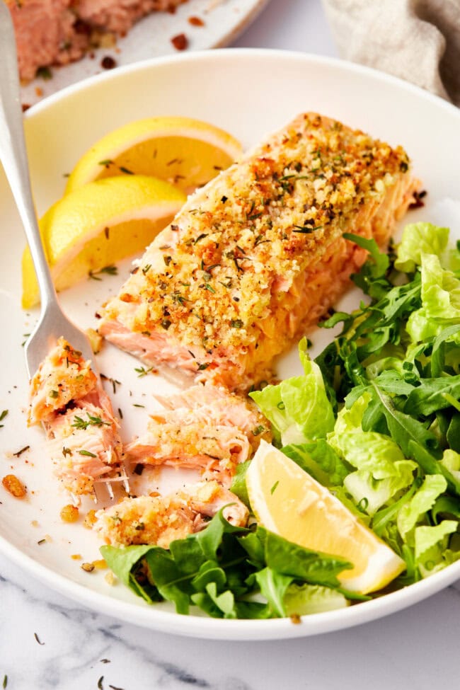 Baked Salmon #ASpicyPerspective #Salmon #BakedSalmon #OvenBakedSalmon #SalmonRecipe #BakedSalmonRecipe #OvenBakedSalmonRecipe #HowtoBakeSalmon #ParmesanCrust #Fish #Dinner #MainDish View of oven baked salmon with breadcrumb crust with some fish flaked off.