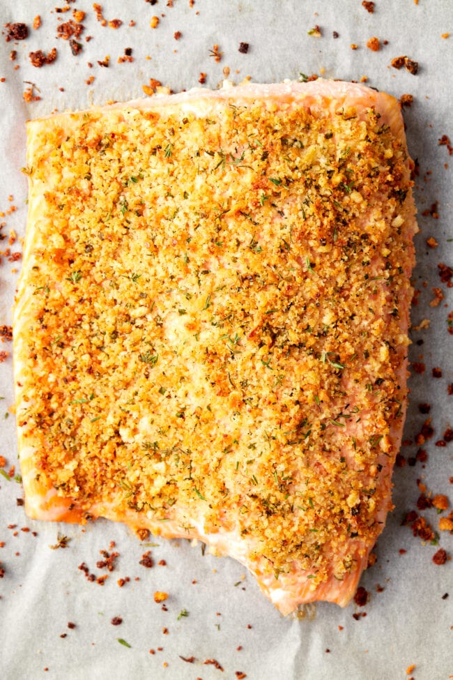 Baked Salmon #ASpicyPerspective #Salmon #BakedSalmon #OvenBakedSalmon #SalmonRecipe #BakedSalmonRecipe #OvenBakedSalmonRecipe #HowtoBakeSalmon #ParmesanCrust #Fish #Dinner #MainDish Oven baked salmon after being baked.