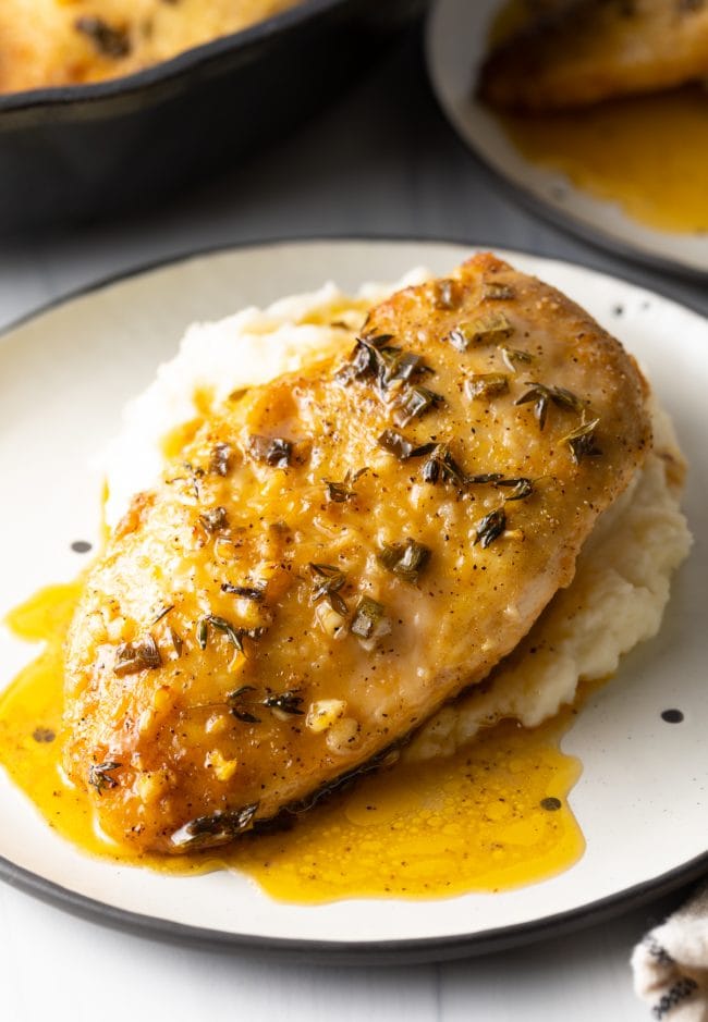 Retro french chicken breast served on a plate with mashed potatoes.