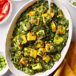 Simple Saag Paneer Recipe - overhead shot in bowl