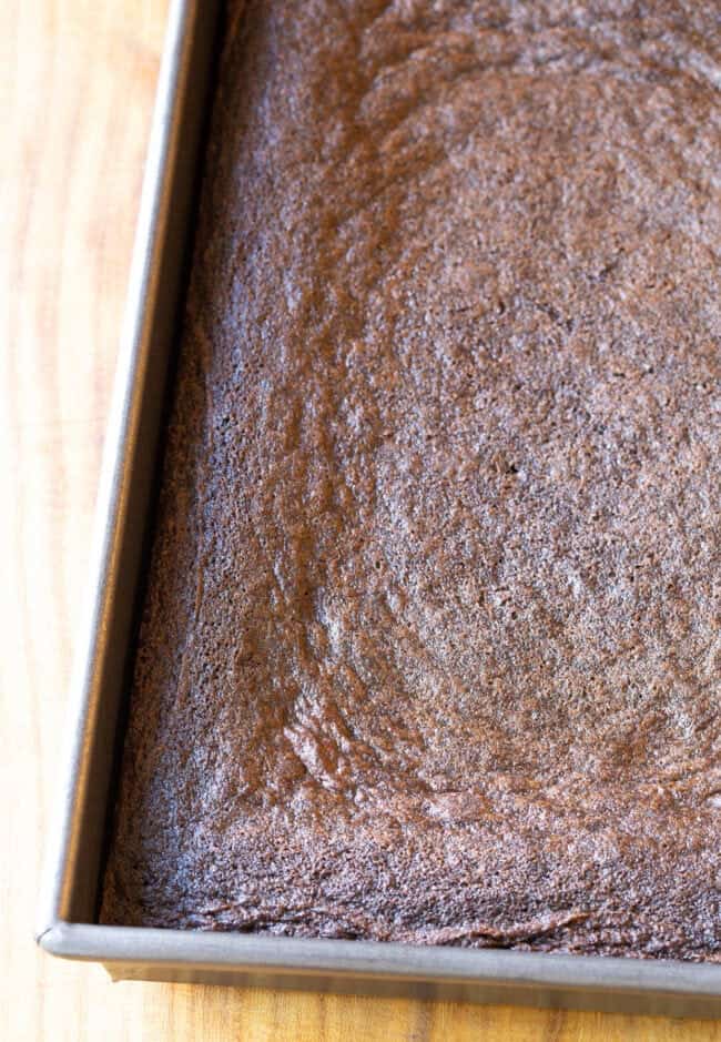 A baking sheet sits on top of a kitchen counter containing the baked plain chocolate cake layer for the Samoas Texas Sheet Cake recipe.