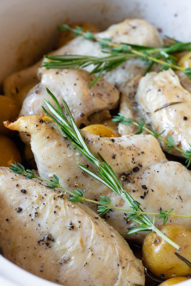 Side view of chicken cooked with potatoes and herbs.
