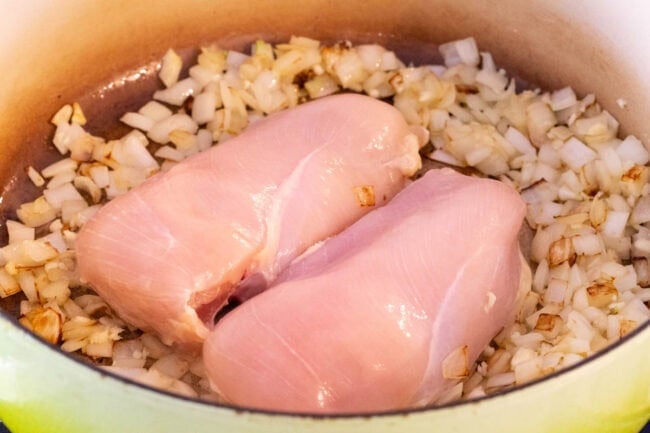 Detox Southwest Chicken Soup Recipe #ASpicyPerspective #Cleanse #Detox #Diet #Soup #Chicken Onions and garlic in a pot with raw chicken on top.