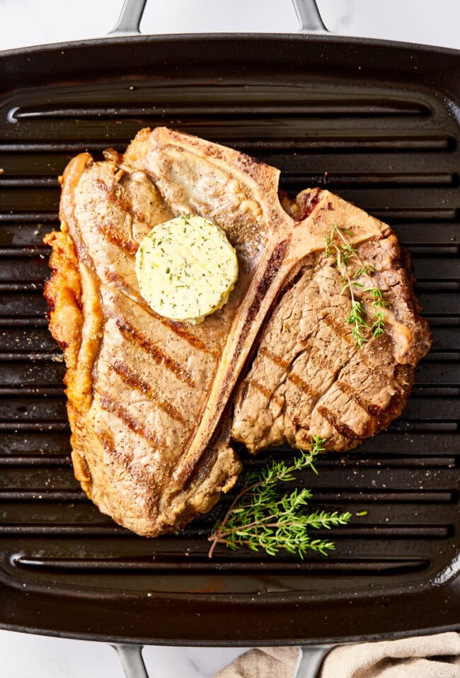 Porterhouse Steaks with Compound Butter | ASpicyPerspective.com grilling porterhouse steaks - on grill pan