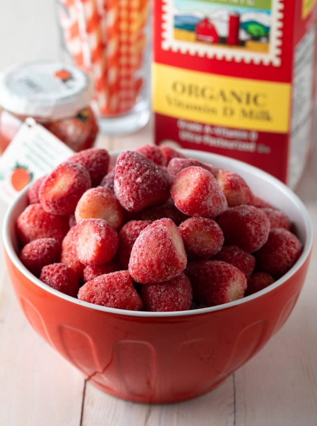 Bowl of frozen strawberries for smoothies.