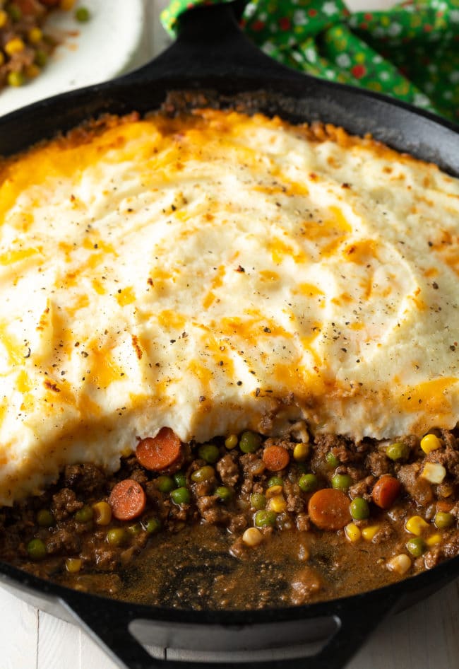 Cottage pie in a cast iron skillet.