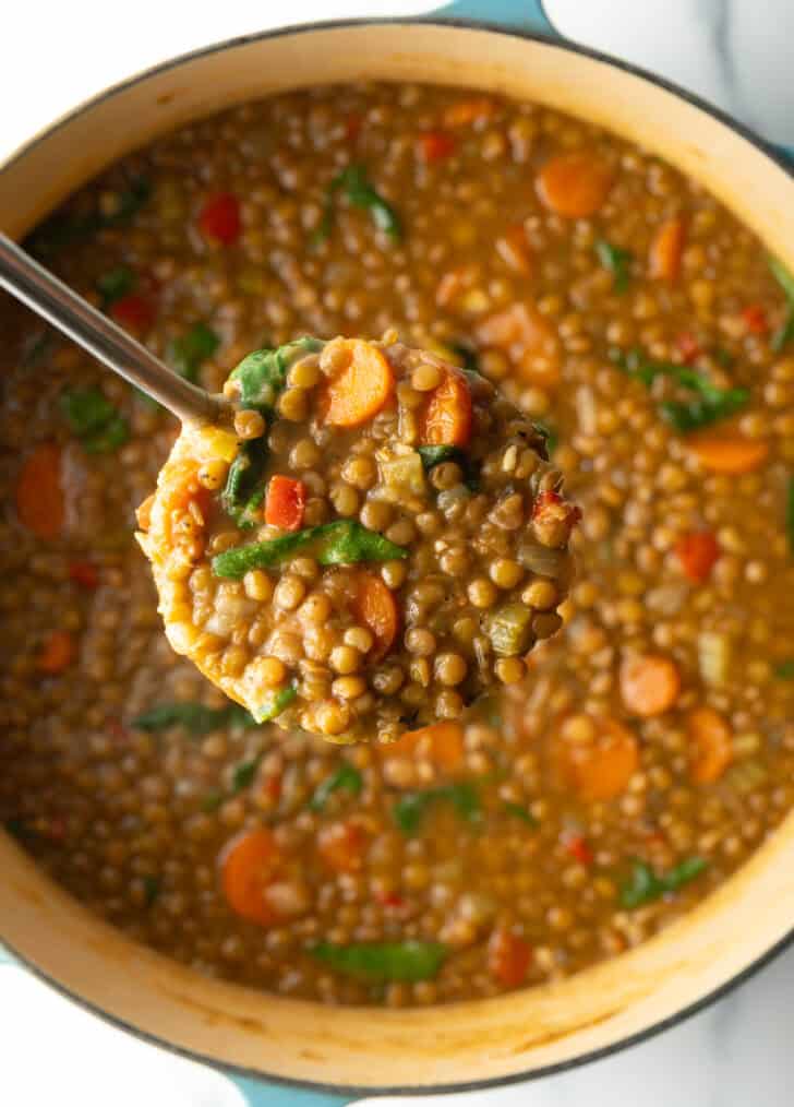 Ladleful of lentil, carrot, spinach veggie soup held to camera.